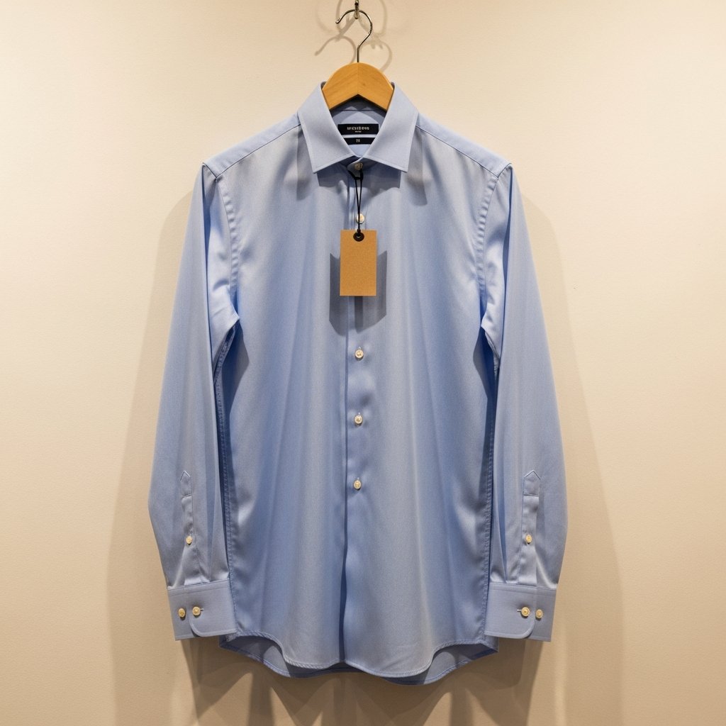 AI_IMAGE: A crisp men's long-sleeve dress shirt in classic light blue, displayed on a wooden hanger against a neutral off-white wall. The shirt is freshly pressed with visible collar stays and buttoned cuffs. A small kraft-paper tag hangs from the top button. The lighting is soft and even, suggesting a tidy community shop interior. Warm, dignified tones. No faces or people visible. | photorealistic | square