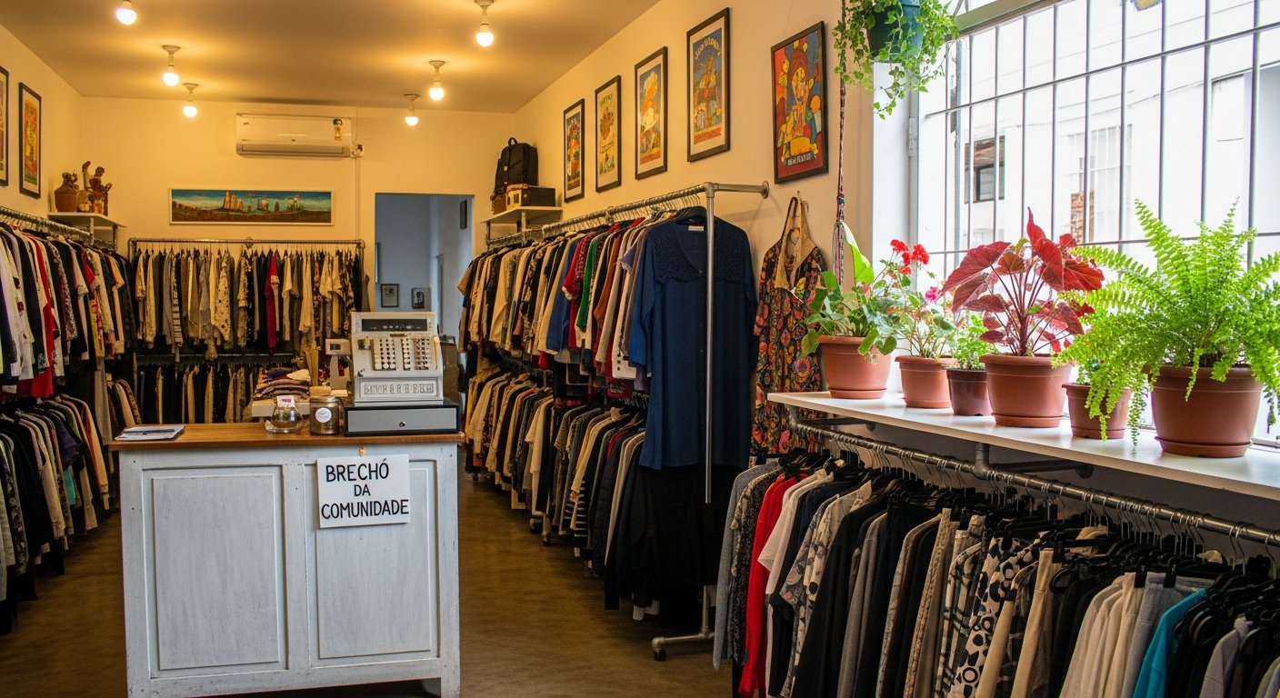 AI_IMAGE: Interior of a small, tidy community thrift shop in a Brazilian small city. Neatly organized clothing racks with colorful garments, a simple wooden counter, and warm overhead lighting. Potted plants on the windowsill. The space feels welcoming and well-cared-for. No faces or recognizable people visible — only the space and merchandise. Warm ambient tones. | photorealistic | landscape