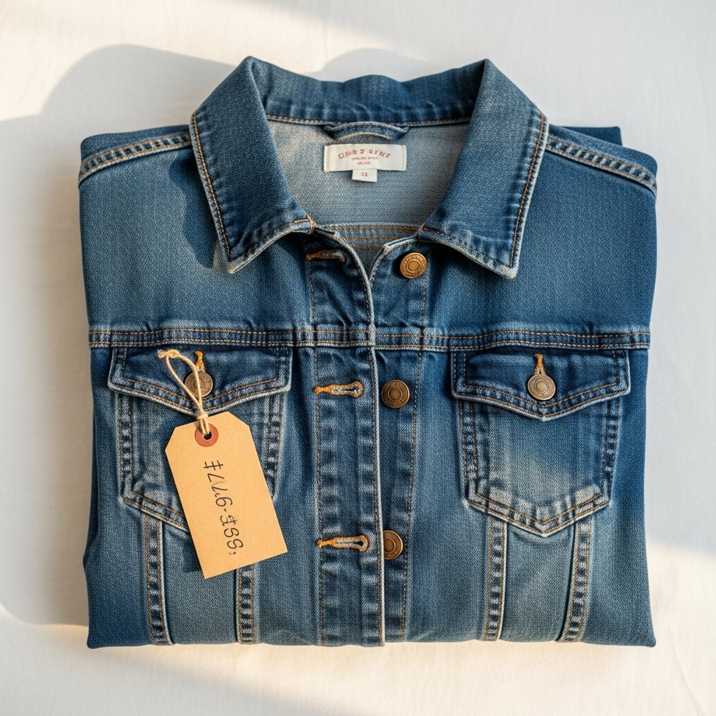 AI_IMAGE: A women's denim jacket in classic medium-wash blue, neatly folded on a white cotton surface. The jacket shows minimal wear — clean stitching, intact brass buttons, and no fraying. A small handwritten kraft-paper price tag is tucked into the front pocket. Soft, warm natural light illuminates the fabric texture. The mood is tidy, accessible, and community-minded. No faces or people visible. | photorealistic | square