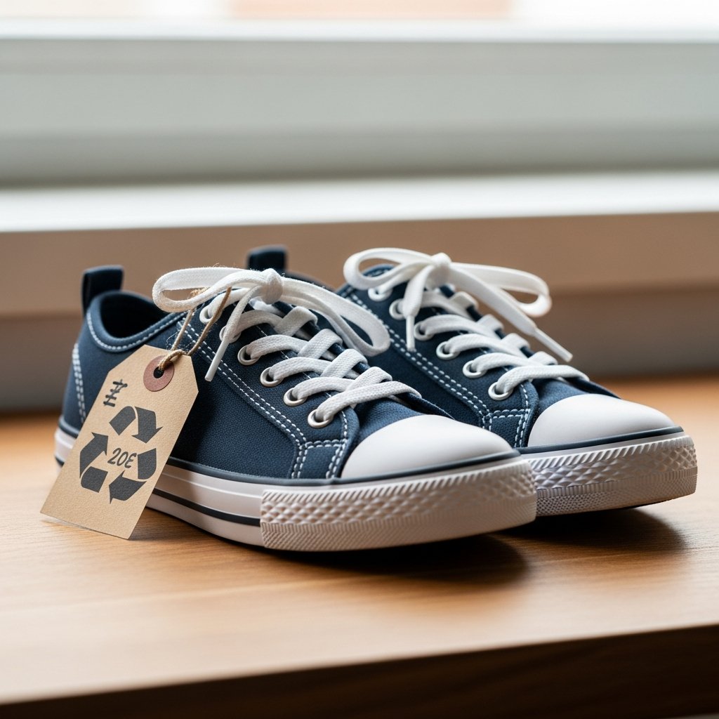 AI_IMAGE: A pair of children's sneakers in navy blue with white soles, placed side by side on a simple wooden surface. The shoes are brand new with clean laces and pristine rubber soles. A small handwritten price tag on recycled paper leans against one shoe. Soft natural light from a nearby window. The scene feels modest, caring, and community-oriented. No faces or people visible. | photorealistic | square