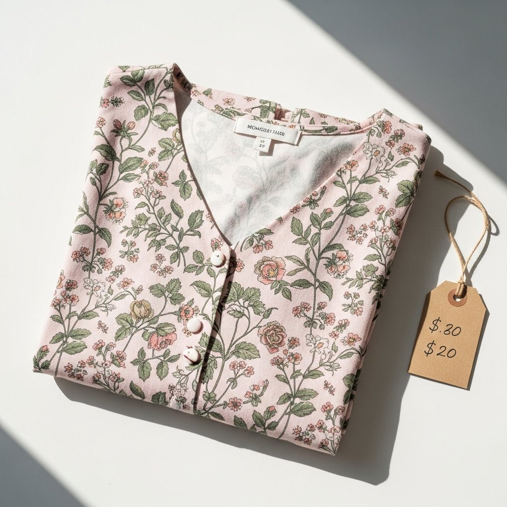 AI_IMAGE: A neatly folded floral print summer dress in soft pink and green tones, displayed on a clean white surface with natural daylight coming from the left. The fabric shows a delicate botanical pattern with small roses and leaves. The dress is in visibly good condition, pressed and ready for sale. A small handwritten price tag on kraft paper sits beside it. Warm, inviting tones with a community thrift-shop feel. No faces or people visible. | photorealistic | square