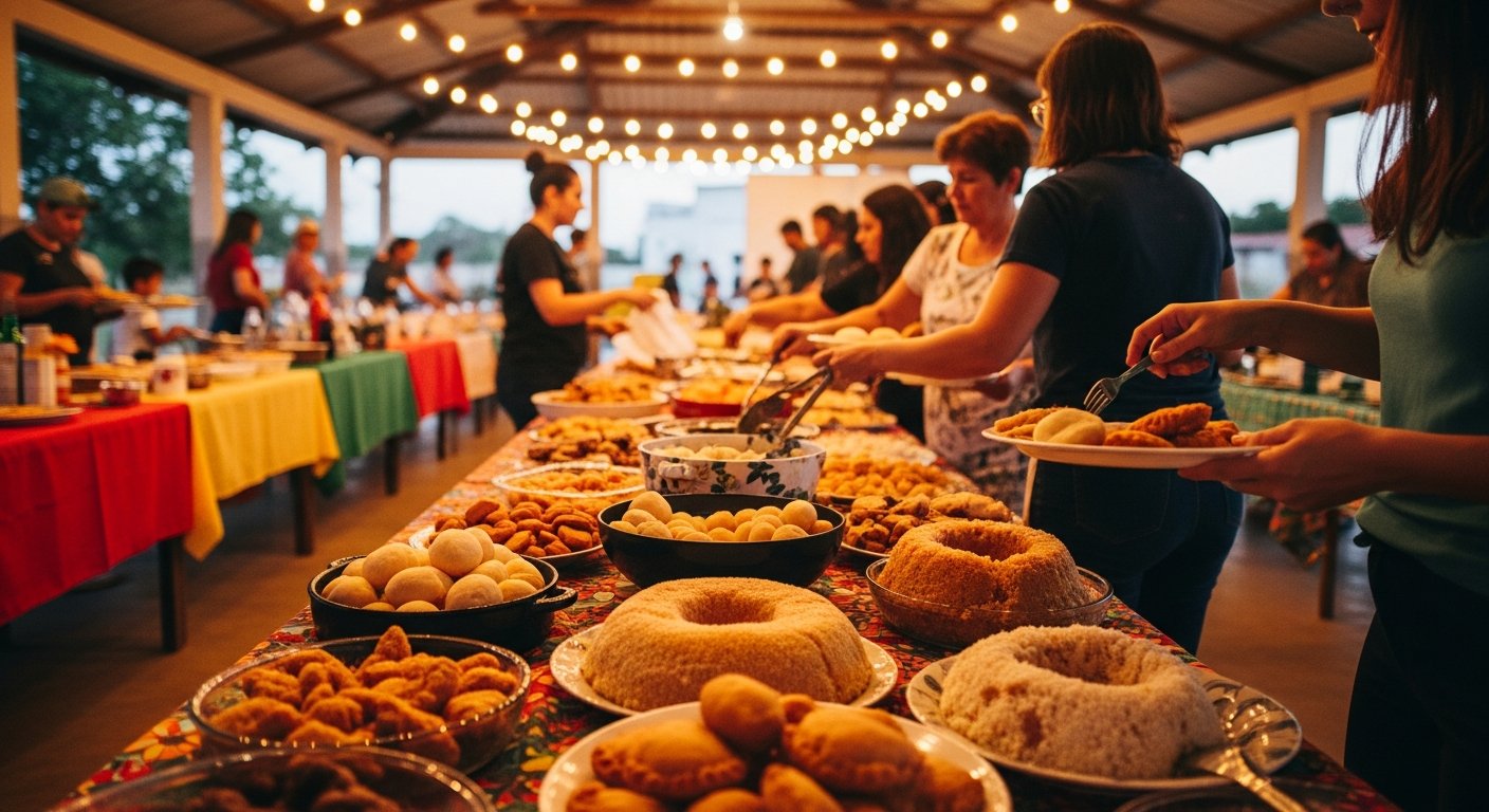 AI_IMAGE: A vibrant community fundraising event at a small-city nonprofit in Goiás, Brazil. Long tables covered in colorful tablecloths are filled with homemade dishes — traditional Brazilian foods like pamonha, empadão goiano, and bolo de arroz. Warm overhead string lights cast a golden glow. Hands of volunteers serve food onto plates. The atmosphere is festive and communal, showing the back of people mingling. No recognizable faces visible. Colors are warm earth tones with pops of red and yellow from table decorations. Background shows a simple covered pavilion with a corrugated roof. | photorealistic | landscape