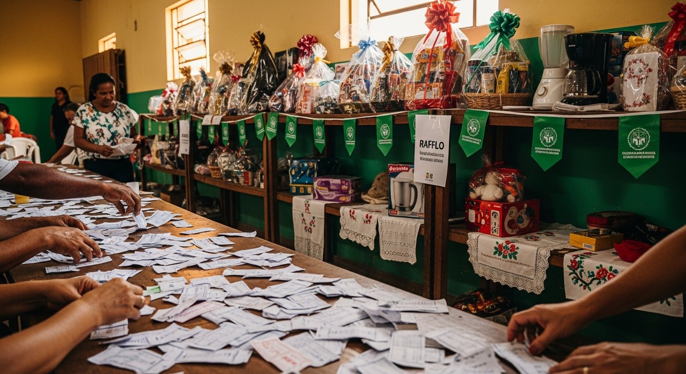 AI_IMAGE: A community charity raffle event in a simple Brazilian community hall. Raffle tickets spread on a table, numbered prizes displayed on shelves behind. Hands holding and organizing tickets. Green and white institutional decorations. Warm, communal atmosphere. No faces visible. | photorealistic | landscape