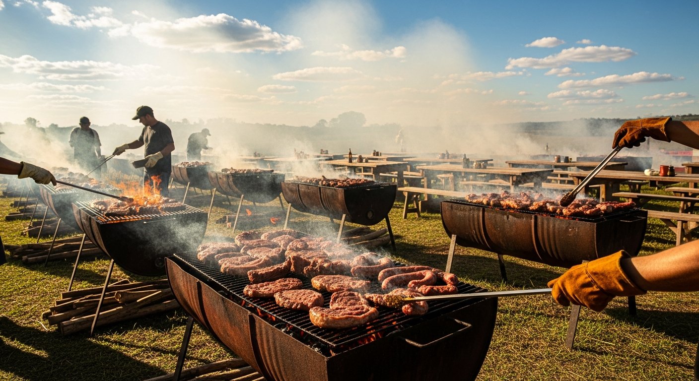AI_IMAGE: A large outdoor barbecue charity event in a rural Brazilian setting. Multiple grills with meat cooking, smoke rising against a blue sky with scattered clouds. Hands tending the grill wearing work gloves. Rustic wooden tables in the background. Warm afternoon sunlight. No faces visible. | photorealistic | landscape