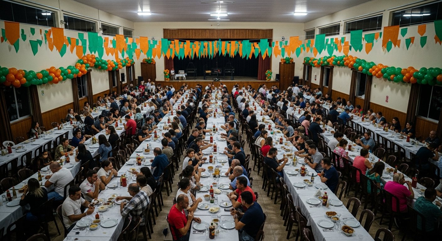 AI_IMAGE: A community barbecue event in a Brazilian town's social hall. Long tables with white tablecloths set with plates, cutlery, and condiments. People seated at tables seen from above at an angle so faces are not identifiable. Festive decorations in green and amber colors. Warm indoor lighting. | photorealistic | landscape