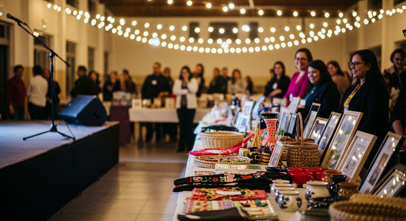 AI_IMAGE: An auction moment at a Brazilian charity event. A microphone on a small stage, auction items displayed on tables — baskets, handmade crafts, donated goods. People gathered in the background, out of focus. Festive lighting with string bulbs. Community hall atmosphere. | photorealistic | landscape