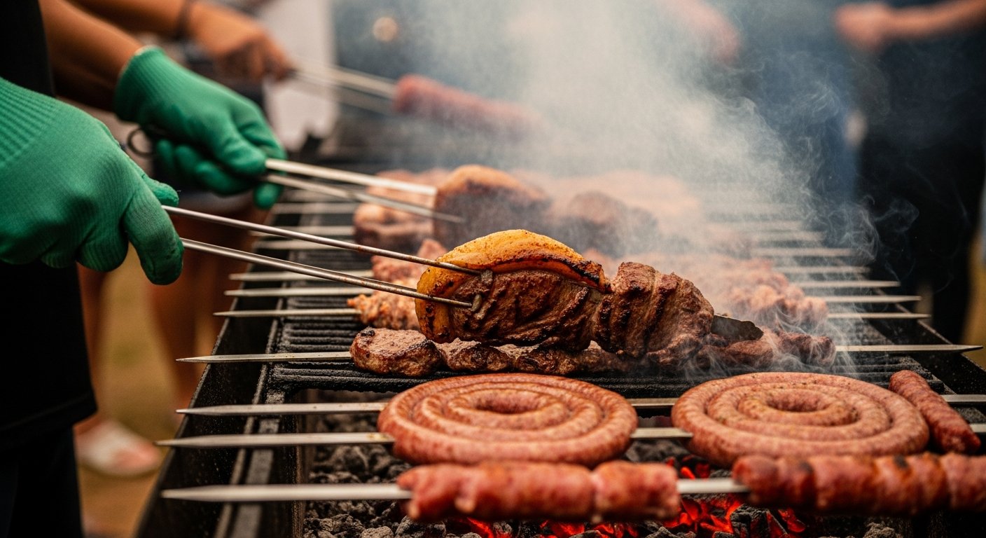 AI_IMAGE: Close-up of charcoal grill skewers at a Brazilian community churrasco — thick cuts of picanha and coils of linguiça sizzling over red-hot coals, smoke rising against a warm blurred background. Hands in green gloves turning skewers with long tongs. Rich warm tones, textures of meat and charcoal. No faces visible. | photorealistic | landscape
