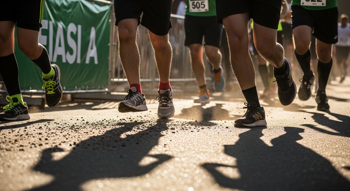AI_IMAGE: Runners' legs and feet on a street race in a small Brazilian city during a charity run. Running shoes on asphalt, morning light casting long shadows. A green banner visible at the side. Shot at ground level focusing on movement, no faces visible. Energetic, healthy atmosphere. | photorealistic | landscape