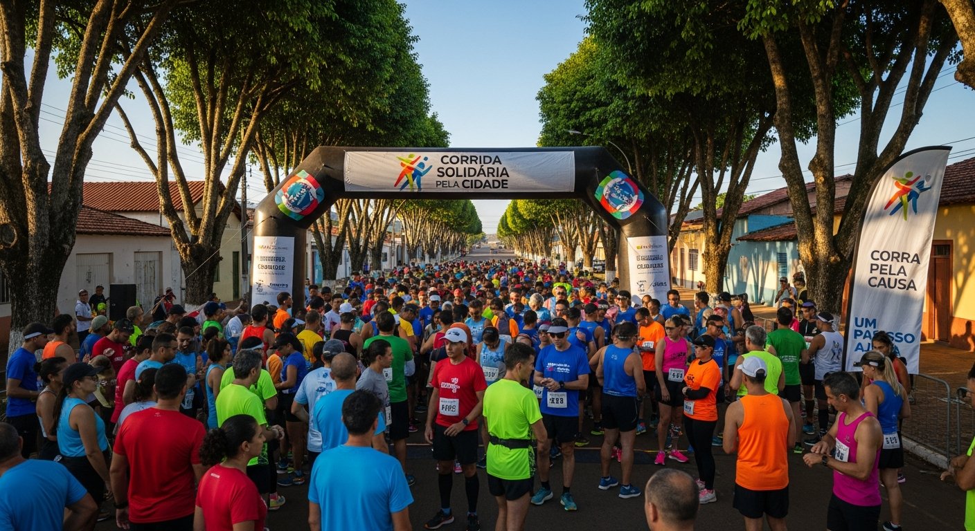 AI_IMAGE: A wide shot of a charity running event starting line in a Brazilian small city. Dozens of participants in colorful running shirts gathered at the start, seen from above or behind. Banners reading event slogans visible in the distance. Early morning light, clear sky, trees lining the road. | photorealistic | landscape