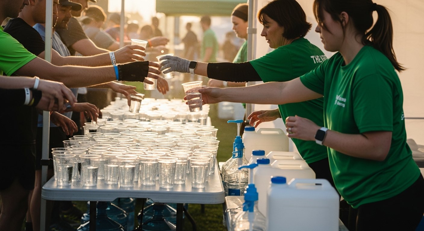 AI_IMAGE: A water station at a charity run event. Hands reaching for cups of water on a table. Volunteers in green shirts serving, seen from the side. Plastic cups, water jugs, and a small tent. Warm morning light, dynamic composition. No faces clearly visible. | photorealistic | landscape