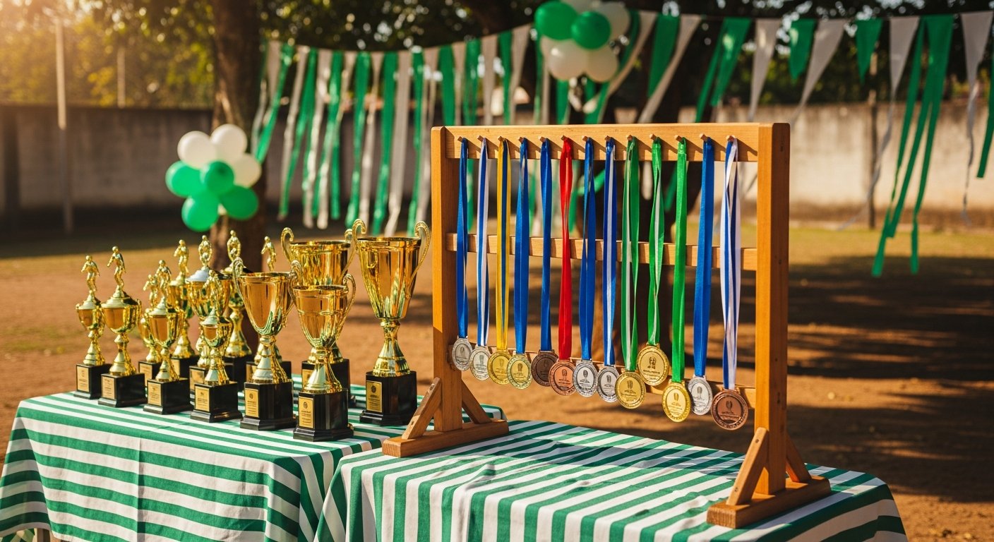 AI_IMAGE: Medal ceremony area at a charity sports event in a small Brazilian town. Medals hanging on a display rack, trophies on a cloth-covered table. Green and white decorations. No people in frame, focus on the awards and setup. Warm natural light, celebratory atmosphere. | photorealistic | landscape