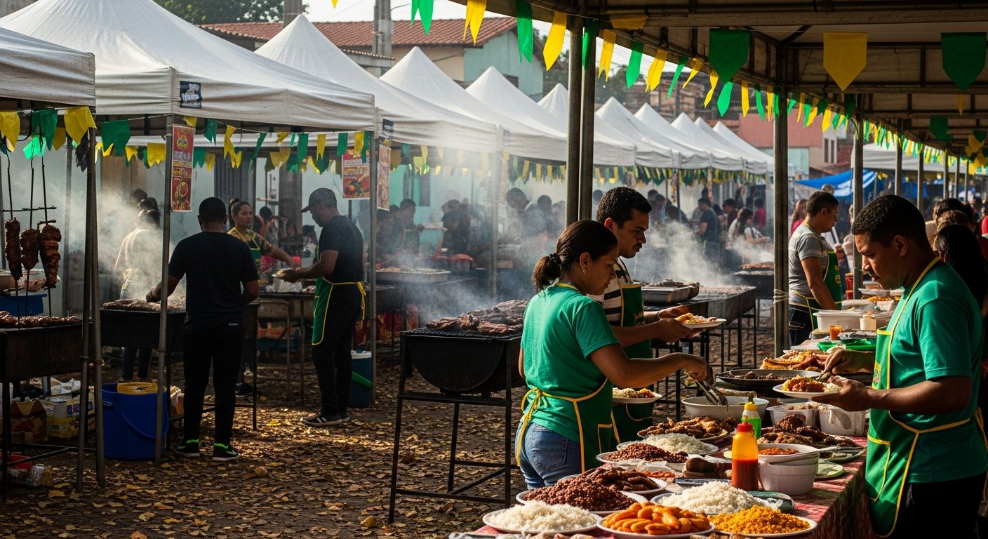AI_IMAGE: A bustling outdoor food fair in a small Brazilian city, with colorful food stalls under white tents serving traditional Goiás dishes. Steam rising from grills, plates of rice and barbecue visible, warm afternoon light. Community members serving food, shot from medium distance so no faces are clearly recognizable. Festive banners in green and yellow. | photorealistic | landscape