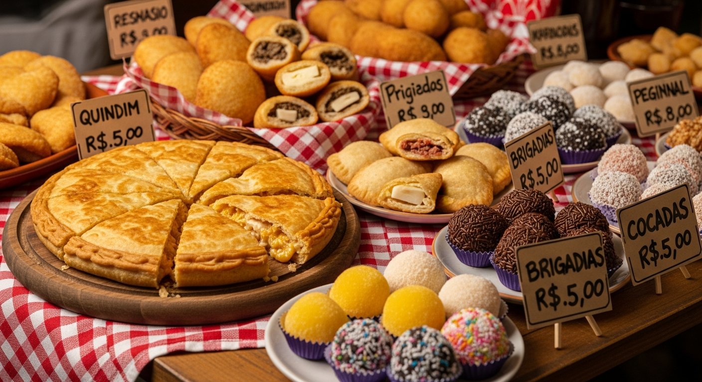 AI_IMAGE: Close-up of traditional Brazilian food plates at a charity food fair — empadões, pastéis, and regional sweets arranged on a table covered with a checkered tablecloth. Warm, inviting lighting. No people visible, focus on the food presentation with small price tags. Vibrant colors of the food against rustic table setting. | photorealistic | landscape