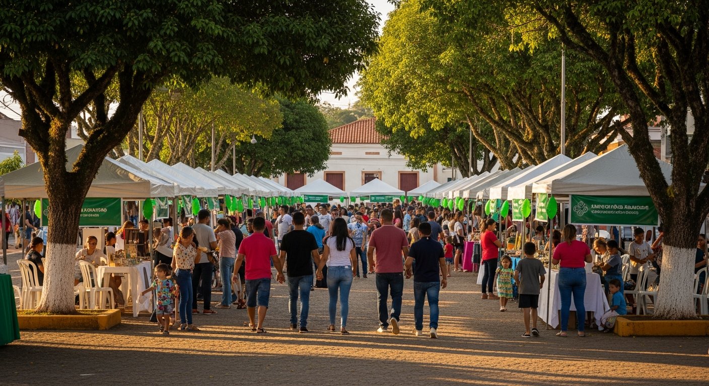 AI_IMAGE: A wide shot of an outdoor community event in a Brazilian small town, showing rows of white tents in a public square with trees around. Families walking between stalls, children playing. Late afternoon golden light, warm atmosphere. Shot from a distance so no individual faces are identifiable. Green banners and decorations visible. | photorealistic | landscape