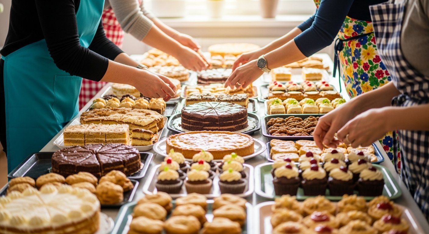AI_IMAGE: Volunteers at a charity food event organizing trays of homemade cakes and desserts on a long table. Hands visible arranging the food, colorful aprons, a warm community kitchen atmosphere. No faces visible, only torsos and hands. Soft indoor lighting with natural light coming through windows. | photorealistic | landscape
