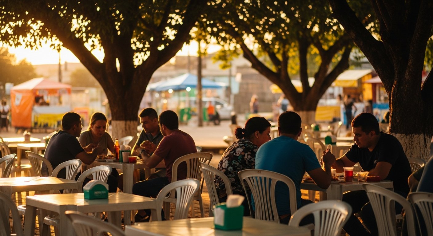AI_IMAGE: An outdoor dining area at a community fair with plastic tables and chairs under shade trees. People seated eating together, seen from behind or at distance so faces are not recognizable. Plates of food, cups, and napkins on tables. Warm golden hour lighting, relaxed communal atmosphere in a small Brazilian city. | photorealistic | landscape