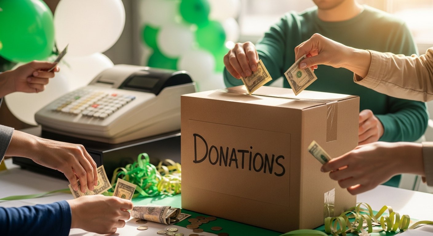 AI_IMAGE: A detail shot of a charity event cash register area with a cardboard box labeled for donations, hands placing money inside. Green and white decorations around. Warm, intimate scene emphasizing solidarity and generosity. No faces visible. Soft natural lighting. | photorealistic | landscape