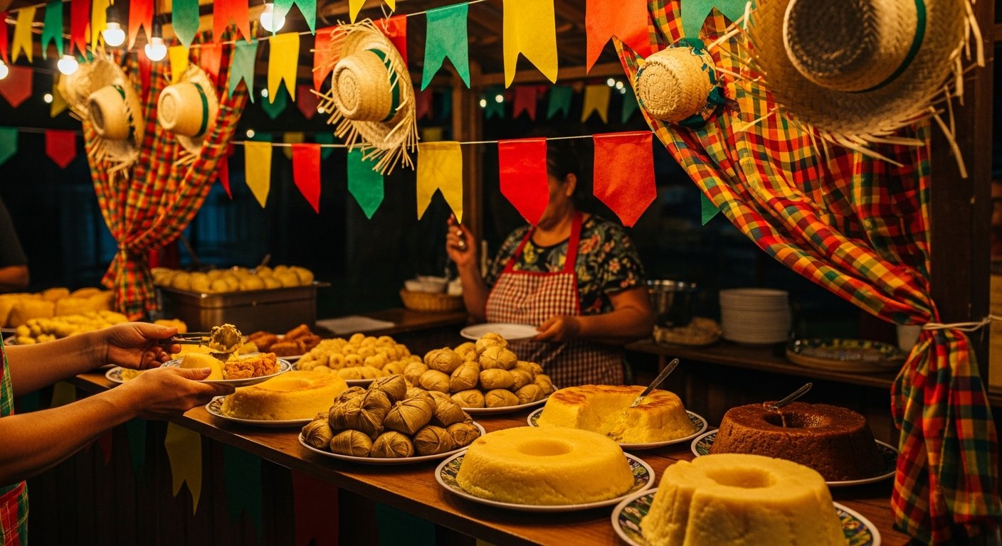 AI_IMAGE: A traditional Brazilian festa junina food stall with colorful checkered fabric decorations. Plates of pamonha, curau, and canjica displayed. Straw hats and bunting in red, yellow, and green. Warm evening lighting with string lights. Hands serving food. No faces visible. | photorealistic | landscape