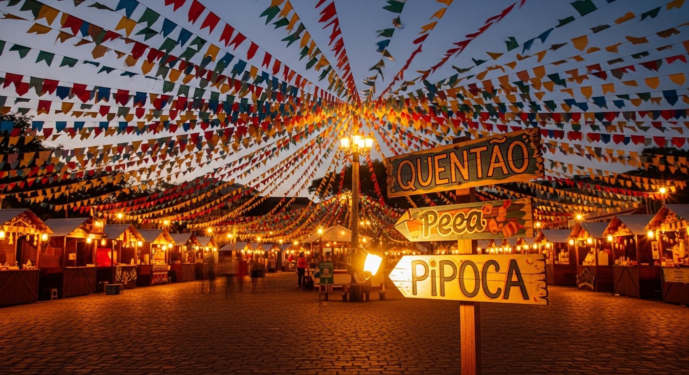 AI_IMAGE: Colorful festa junina decorations — paper flags and bunting in bright colors strung across a community square at dusk. Small stalls with flickering lights in the background. A hand-painted sign advertising quentão and pipoca. Festive, warm atmosphere. No people in focus. | photorealistic | landscape