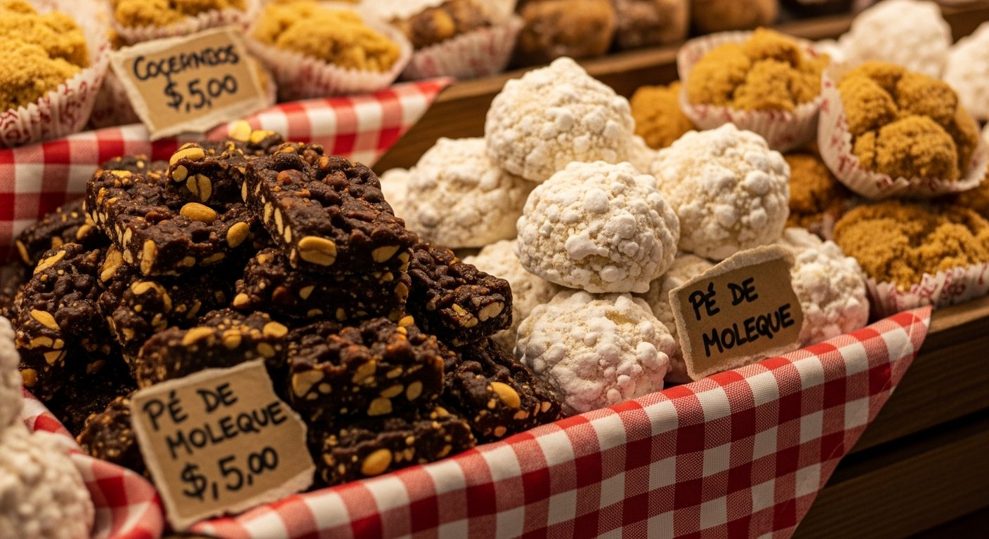 AI_IMAGE: Close-up of traditional Brazilian festa junina sweets and treats arranged on a rustic wooden display — pé de moleque, cocada, paçoca. Checkered cloth underneath, small handwritten price labels. Warm, inviting food photography. No people visible. | photorealistic | landscape