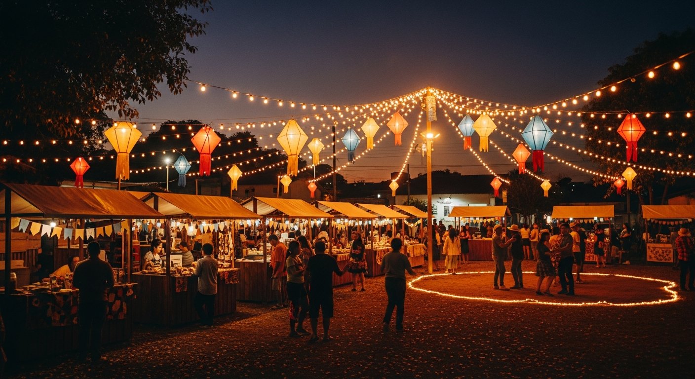 AI_IMAGE: A wide shot of an outdoor festa junina celebration in a Brazilian small city at night. String lights and paper lanterns illuminating stalls and a small dance area. Silhouettes of people enjoying the festival. Warm amber and golden lighting against a dark blue evening sky. | photorealistic | landscape