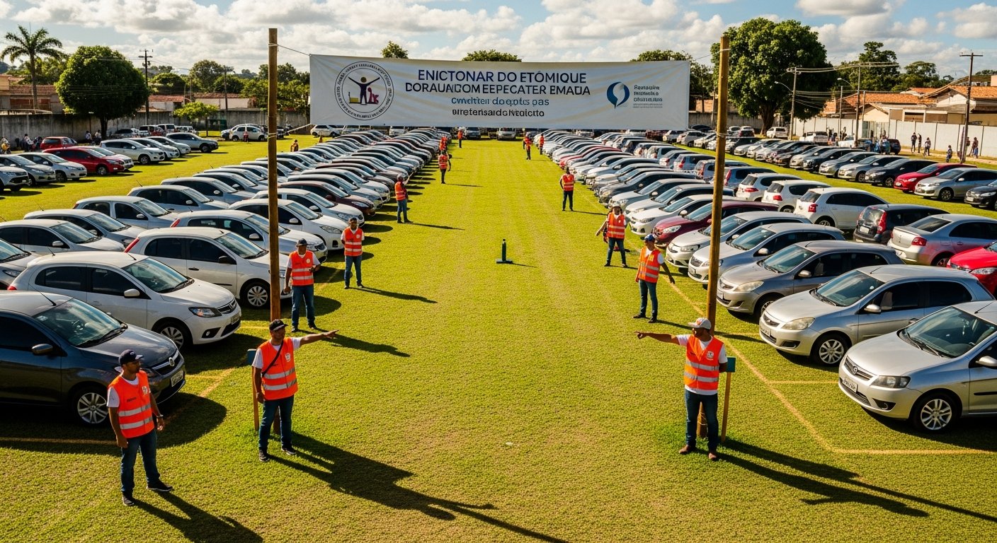 AI_IMAGE: An organized parking area at a community event in a small Brazilian city. Rows of parked cars on a grassy field, with volunteer parking attendants in reflective vests guiding cars, seen from a distance. A banner for a charity organization visible at the entrance. Sunny day with blue sky and scattered clouds. | photorealistic | landscape