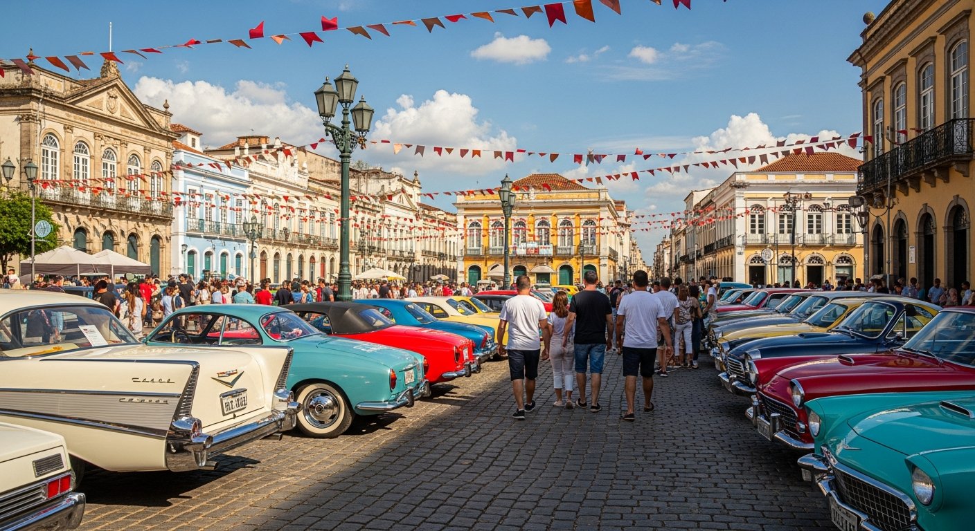 AI_IMAGE: A vintage car exhibition in a Brazilian city square. Classic cars from the 1950s-1970s parked in a row, polished and gleaming. Visitors walking between the cars at a respectful distance, seen from behind. Afternoon sunlight, festive atmosphere with bunting. | photorealistic | landscape