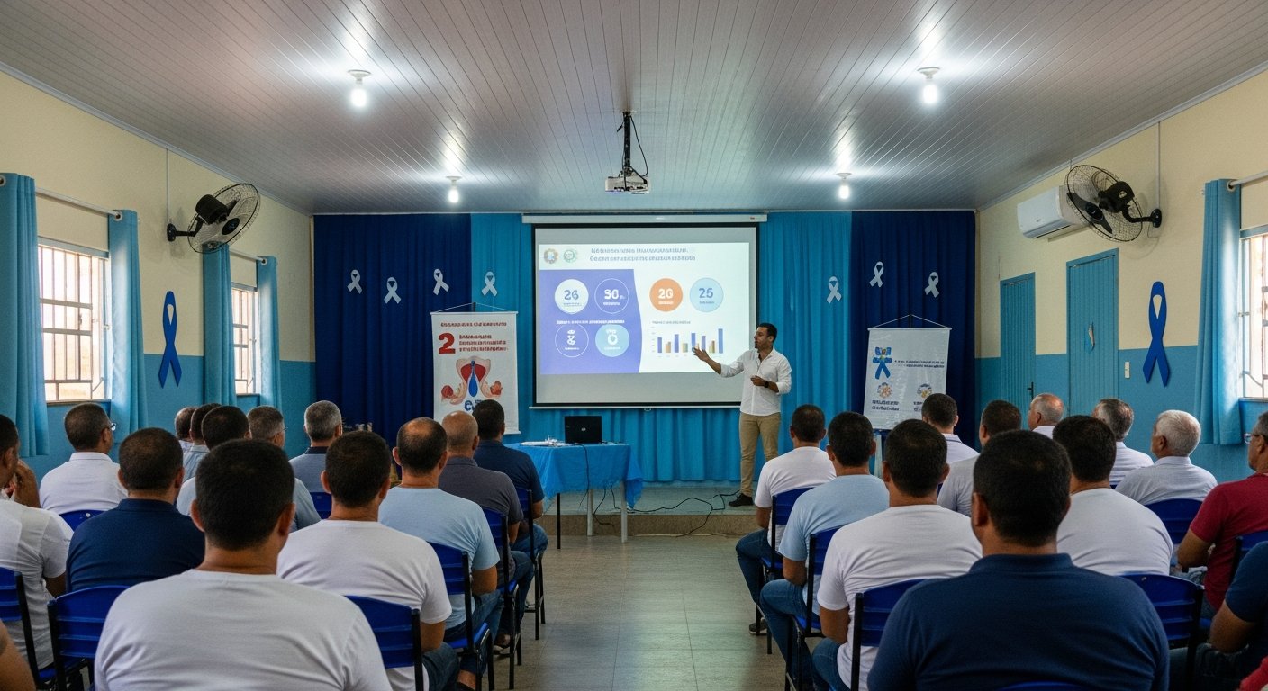 AI_IMAGE: A men's health awareness presentation in a modest community hall in a Brazilian small town. Blue decorations, a projector screen showing health statistics. Audience seated in plastic chairs seen from behind. Blue ribbons on the walls. Soft fluorescent and natural lighting mix. | photorealistic | landscape
