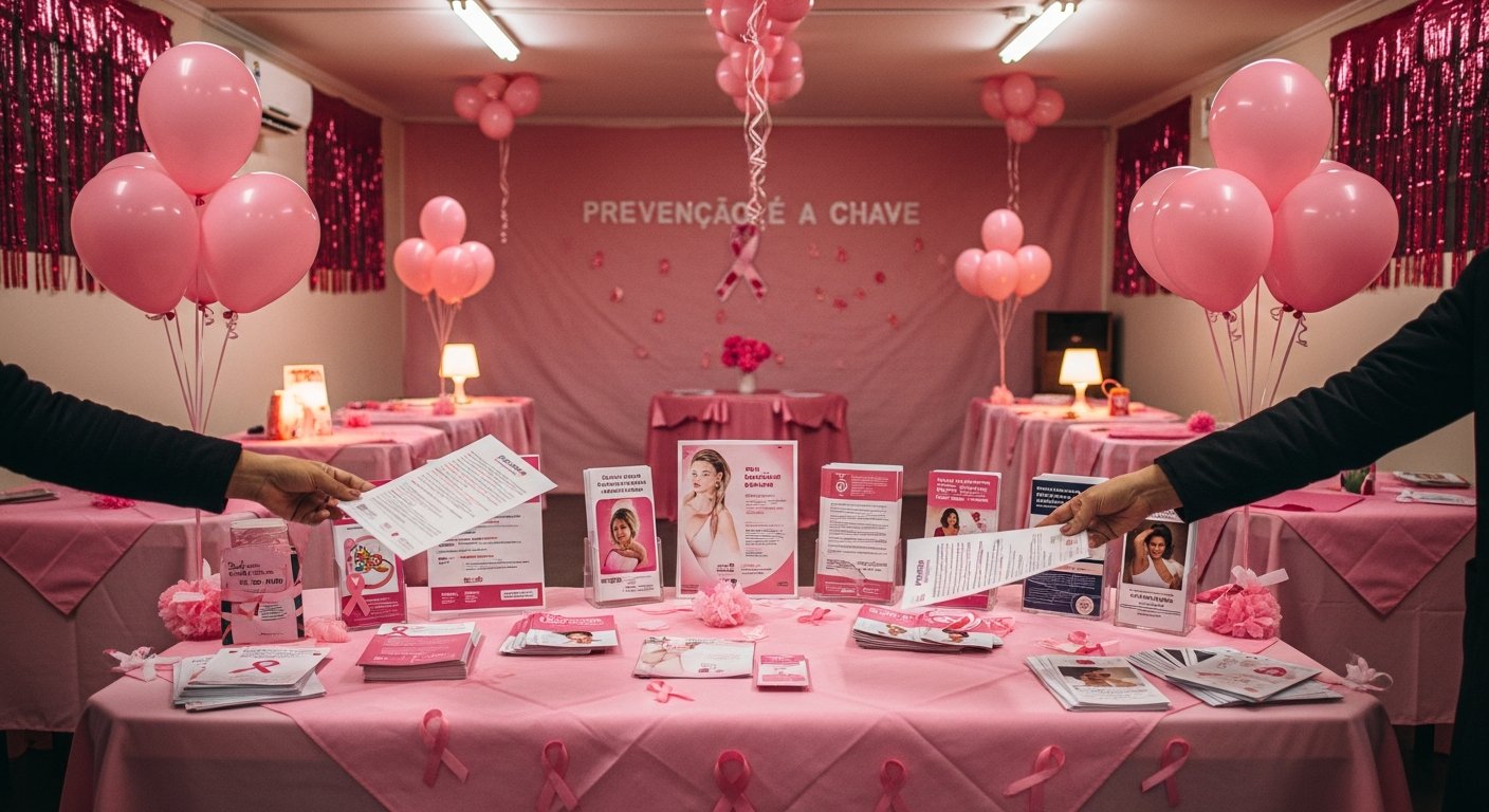 AI_IMAGE: A health awareness event in a small Brazilian community center. A table covered with pink fabric displays informational pamphlets about breast cancer prevention. Pink ribbons and balloons decorate the space. Warm indoor lighting, hands reaching for pamphlets. No faces visible. | photorealistic | landscape