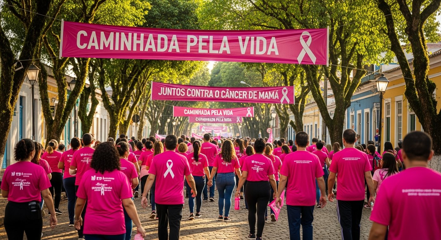 AI_IMAGE: An outdoor community health walk for breast cancer awareness in a small Brazilian city. People wearing pink t-shirts walking down a tree-lined street, shot from behind so no faces visible. Pink banners stretched across the road. Morning light, energetic communal atmosphere. | photorealistic | landscape