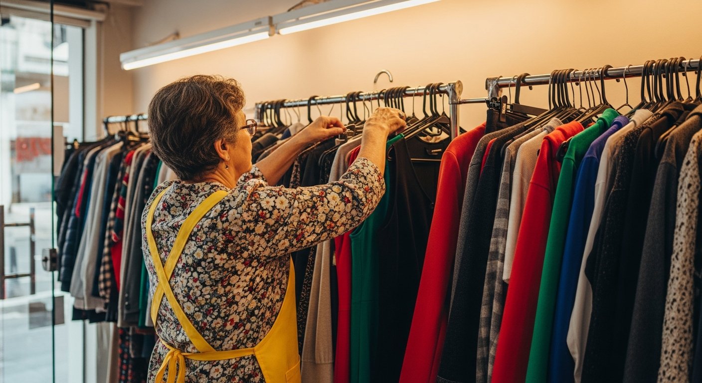 AI_IMAGE: An elderly Brazilian woman arranging colorful clothing on a rack inside a small charity thrift shop. She wears a cheerful yellow apron over a floral blouse. The shop has simple metal racks with neatly hung dresses, shirts, and jackets. Warm interior light from overhead fluorescents mixes with daylight from a glass storefront door. The shot is from behind and slightly to the side — her hands are the focus as she straightens a hanger. The mood is industrious and generous. Warm tones, pops of color from the clothing, modest commercial interior. | photorealistic | portrait 3:4
