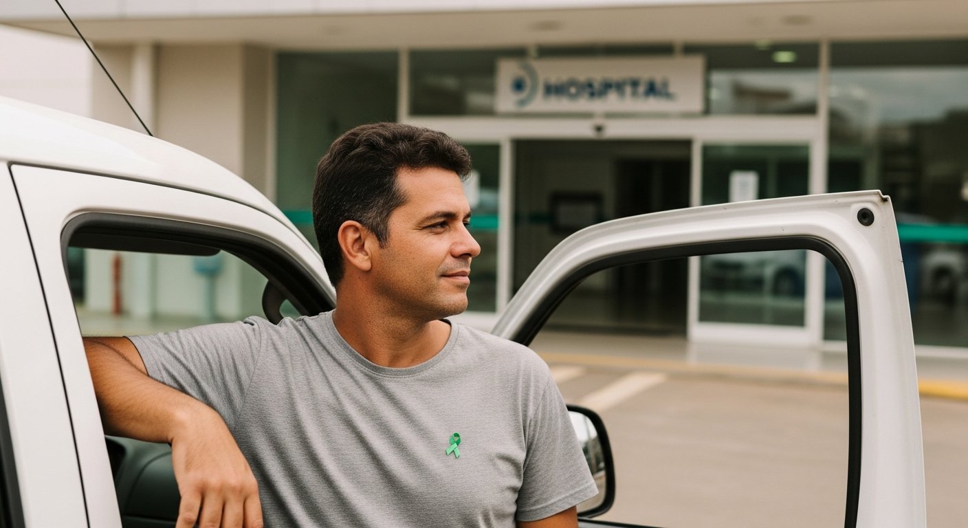 AI_IMAGE: A Brazilian man in his late 40s leaning against the open passenger door of a white van in a parking area near a hospital entrance. He wears a simple gray t-shirt and has a calm, patient expression. His face is angled away from camera — only his profile and silhouette are visible against the bright hospital facade. A small green ribbon pin is on his shirt. The hospital building behind is modern with glass doors. Midday light, slightly overcast, institutional setting. Warm neutrals, white, green accent from the pin. | photorealistic | portrait 3:4