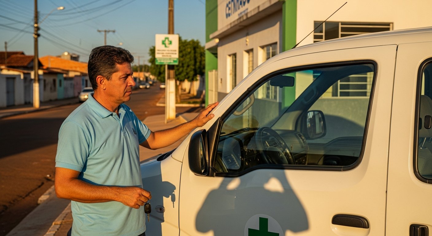 AI_IMAGE: A Brazilian man in his 50s standing beside a white passenger van parked in front of a modest community health center in a small city. He wears a light blue polo shirt and holds car keys in one hand. The van has a small green cross decal on the door. Morning light casts long warm shadows. The shot is composed so his face is partially turned away or in shadow — focus is on his posture of readiness and the vehicle. Background shows a quiet residential street with low buildings typical of Goiás interior cities. Warm golden light, green accents, institutional white. | photorealistic | portrait 3:4