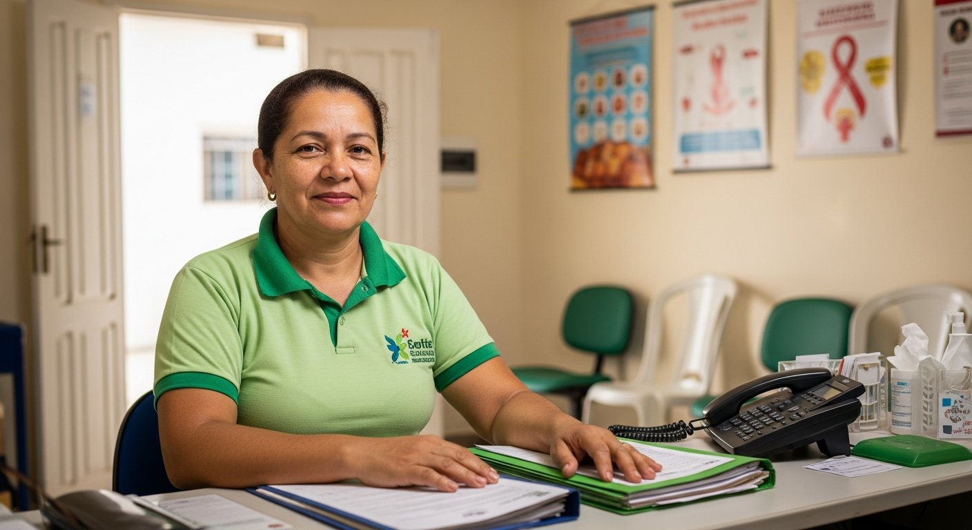 AI_IMAGE: A warm portrait of a middle-aged Brazilian woman seated at a simple reception desk in a modest nonprofit healthcare office. She wears a light green polo shirt with a small embroidered logo. Her hands rest on a desk with organized folders and a telephone. The background shows a clean, bright waiting area with plastic chairs and health awareness posters on pale walls. Natural window light illuminates her face softly. No recognizable face — shot from a three-quarter angle with shallow depth of field blurring her features slightly while keeping the setting sharp. Warm earth tones, greens from her shirt, and the institutional calm of a community health center. | photorealistic | portrait 3:4