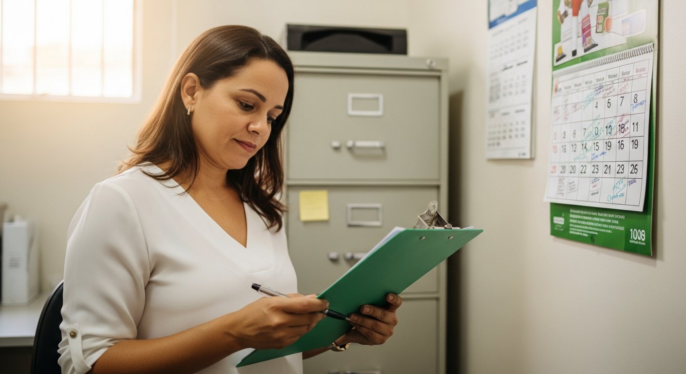 AI_IMAGE: A compassionate portrait of a Brazilian woman in her 40s reviewing patient files in a small, clean office at a community cancer support center. She holds a clipboard and wears a simple white blouse. Behind her, a filing cabinet and a wall calendar with marked dates are visible. Soft fluorescent and natural light mix. The shot is composed at a gentle angle so facial features are not distinctly recognizable — focus is on her hands holding the clipboard and the caring posture. Warm tones, institutional greens and whites. | photorealistic | portrait 3:4