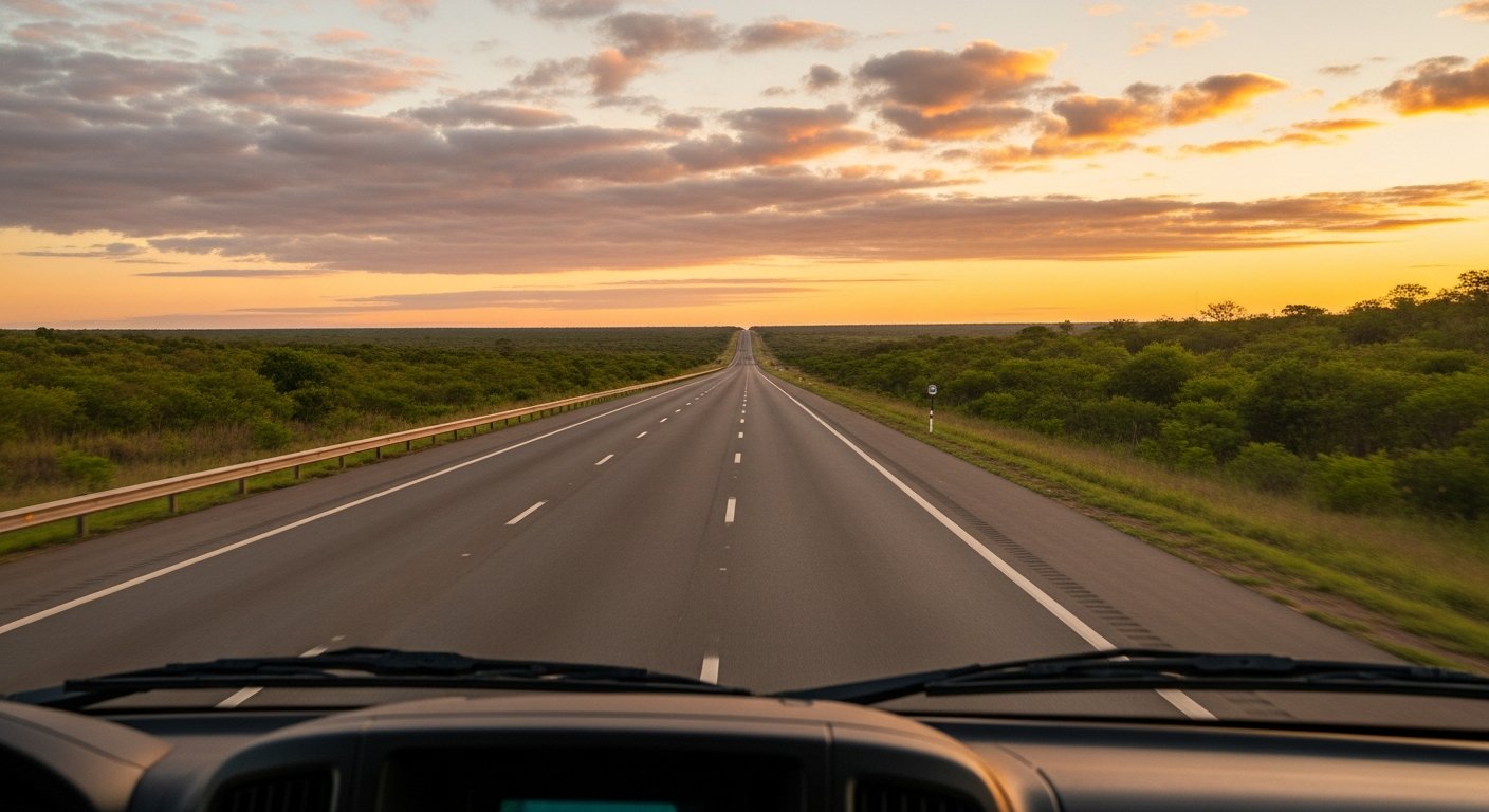 AI_IMAGE: A long straight highway cutting through the flat Brazilian cerrado landscape at dawn, seen from behind the windshield of a passenger van. The road stretches ahead under a wide sky with warm pink and gold clouds. The dashboard is barely visible at the bottom of frame. Green scrubland lines both sides of the road. The mood is one of quiet purpose — an early morning journey for someone who needs to reach treatment. No people visible. Warm dawn palette, vast horizon, sense of distance and determination. | photorealistic | landscape 16:9