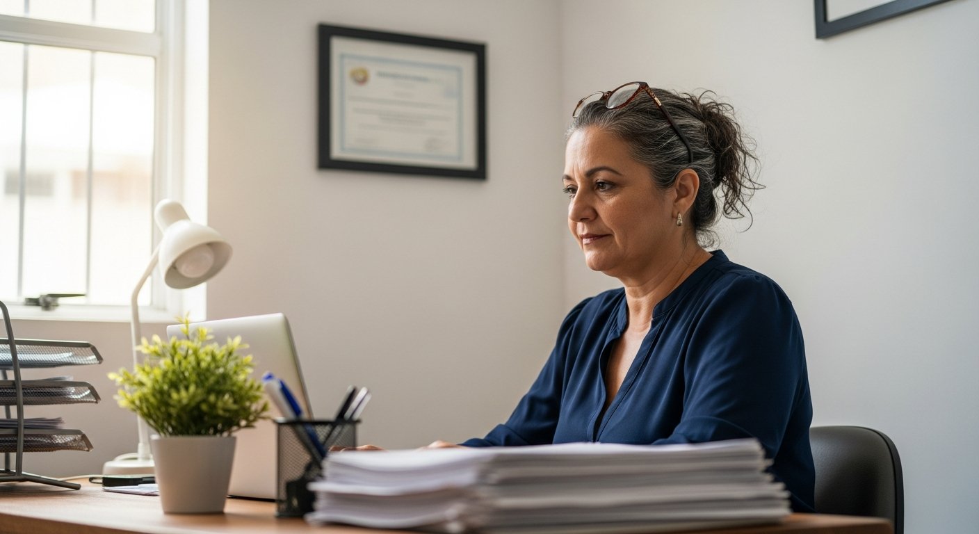 AI_IMAGE: A portrait of a mature Brazilian woman working at a desk with a laptop and organized stacks of paper in a small nonprofit office. She wears reading glasses pushed up on her head and a modest navy blouse. The desk has a small potted plant and a framed certificate on the wall behind her. The composition is a three-quarter view with soft natural light from a window, facial features slightly softened by depth of field. The atmosphere is diligent and warm — a person who keeps the organization running. Muted blues, warm wood tones, white walls. | photorealistic | portrait 3:4